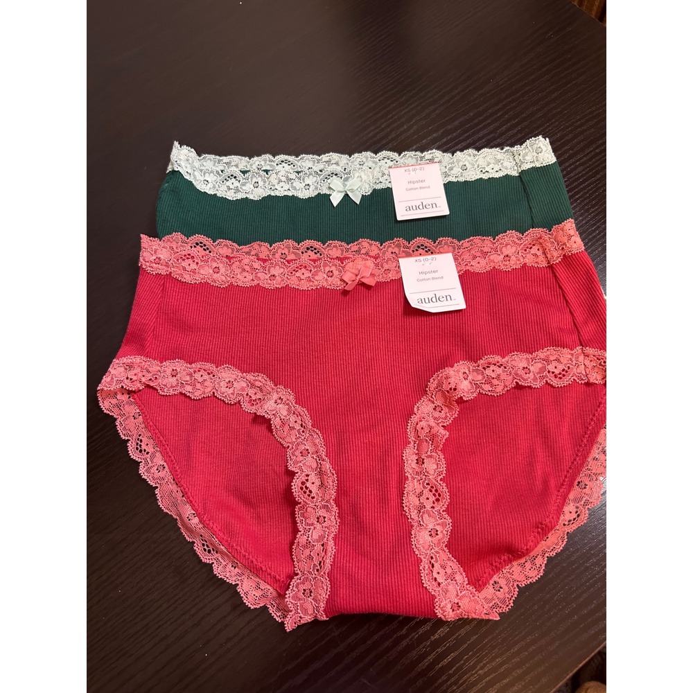 Auden Women's Hipster Cotton Blend Panties 2 Pack Red Green Lace Trim XS‎